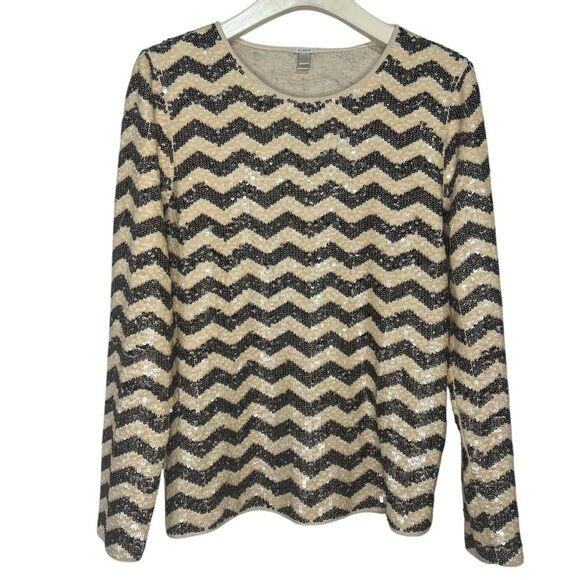 J. Crew Chevron Sequin Top Womens Medium Black Ivory Long Sleeve 100% Cotton - Picture 1 of 6